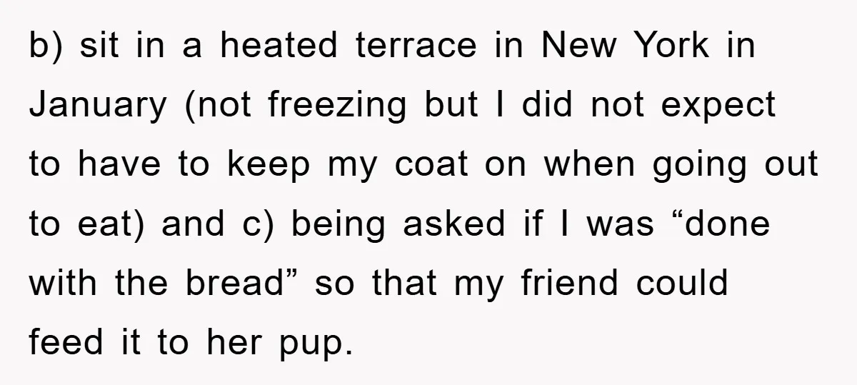 b) sit in a heated terrace in New York in January (not freezing but I did not expect to have to keep my coat on when going out to eat)...
