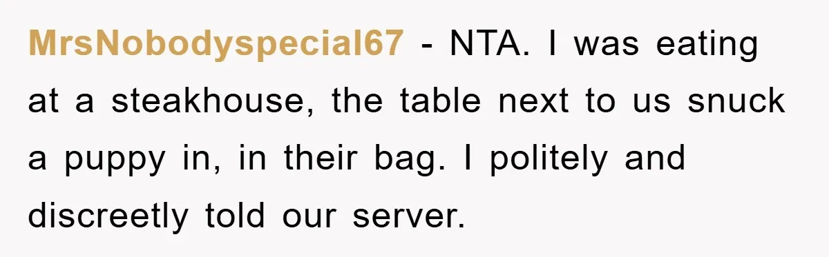 MrsNobodyspecial67 − NTA. I was eating at a steakhouse, the table next to us snuck a puppy in, in their bag. I politely and discreetly told our server.