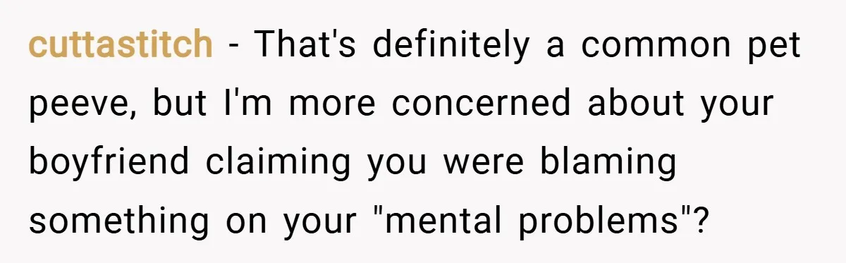 cuttastitch − That's definitely a common pet peeve, but I'm more concerned about your boyfriend claiming you were blaming something on your "mental problems"?