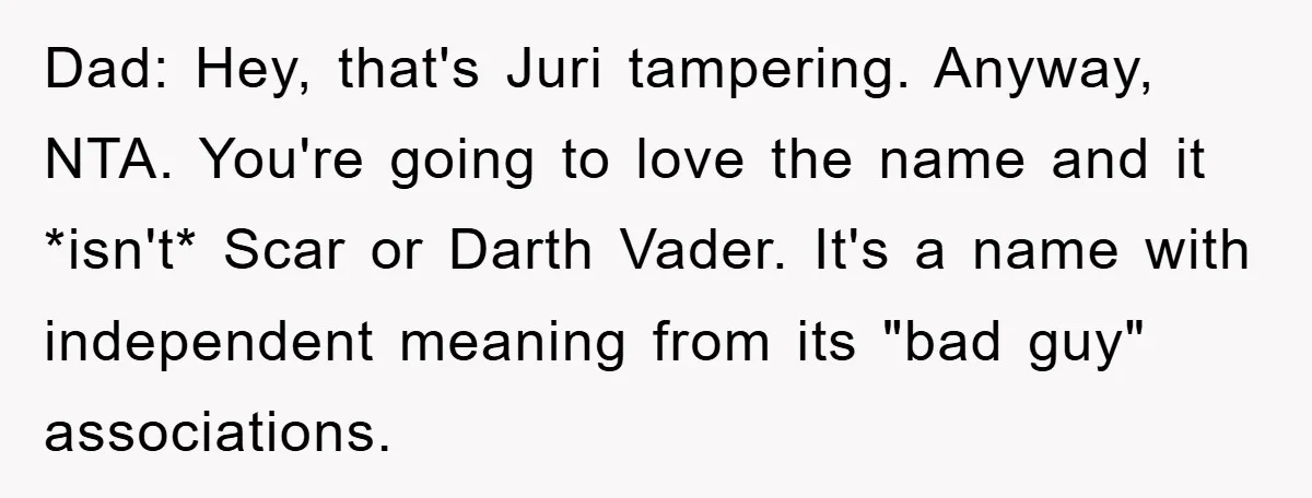 Dad: Hey, that's Juri tampering. Anyway, NTA. You're going to love the name and it *isn't* Scar or Darth Vader. It's a name with independent meaning from its "bad guy"...