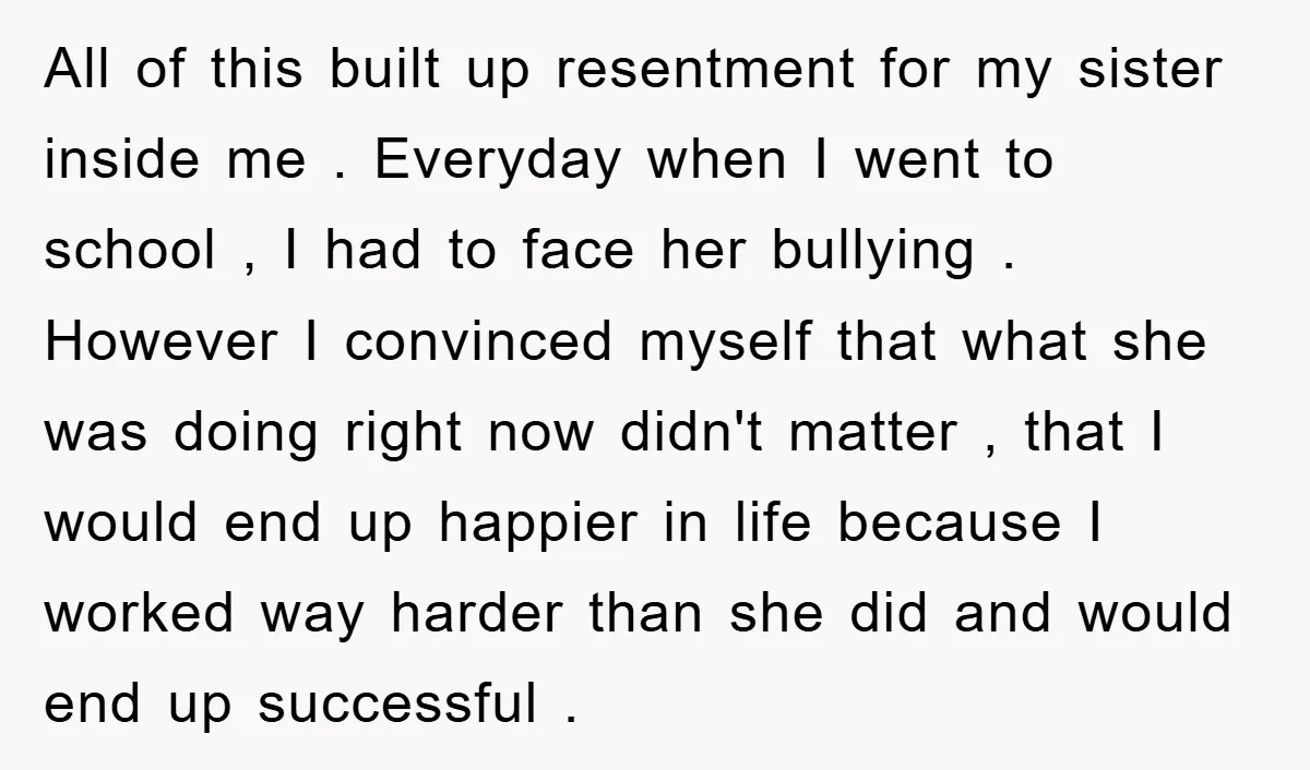 All of this built up resentment for my sister inside me . Everyday when I went to school , I had to face her bullying . However I convinced myself...
