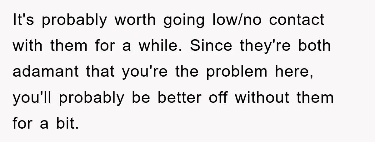 It's probably worth going low/no contact with them for a while. Since they're both adamant that you're the problem here, you'll probably be better off without them for a bit.