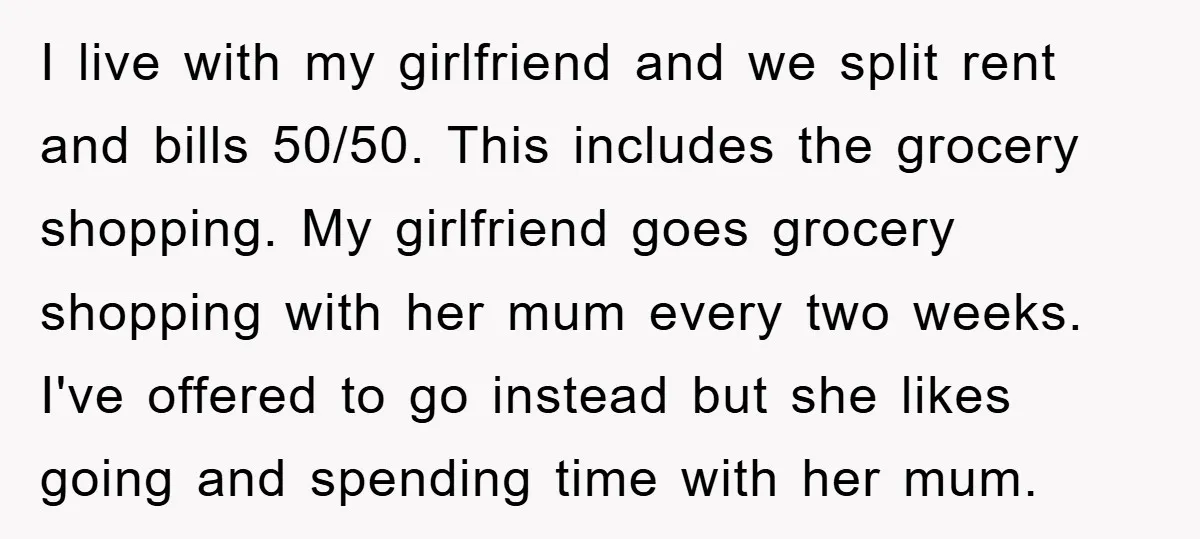 I live with my girlfriend and we split rent and bills 50/50. This includes the grocery shopping. My girlfriend goes grocery shopping with her mum every two weeks. I've offered...