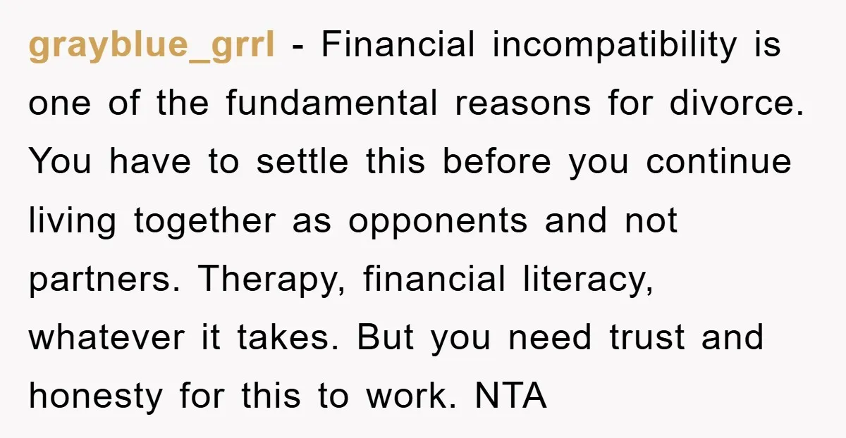 grayblue_grrl − Financial incompatibility is one of the fundamental reasons for divorce. You have to settle this before you continue living together as opponents and not partners. Therapy, financial literacy,...