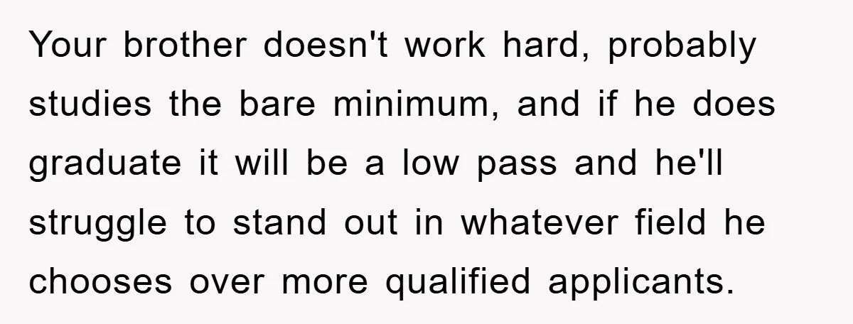 Your brother doesn't work hard, probably studies the bare minimum, and if he does graduate it will be a low pass and he'll struggle to stand out in whatever field...