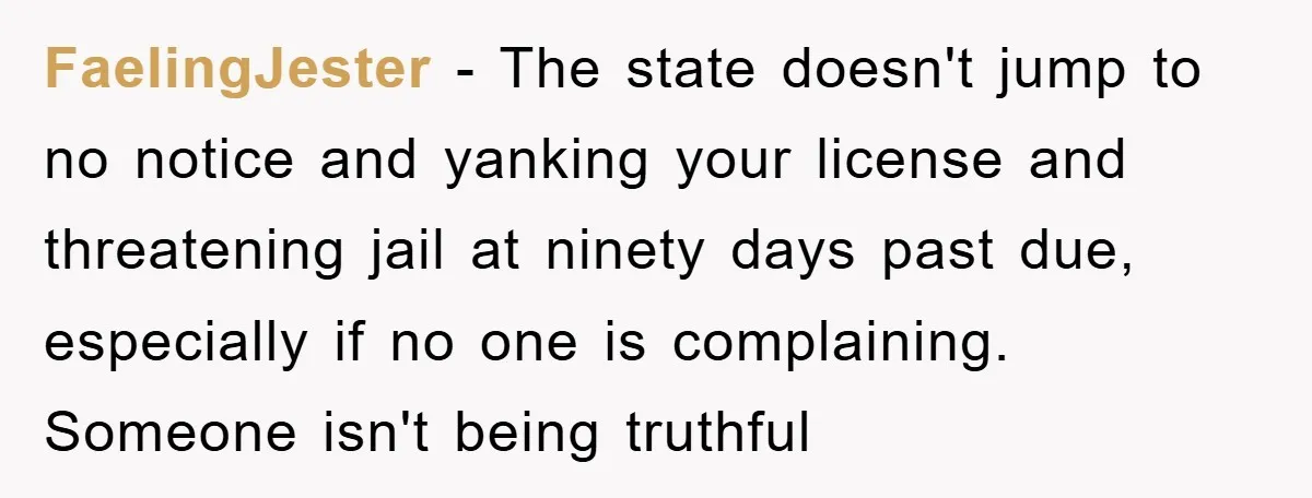 FaelingJester − The state doesn't jump to no notice and yanking your license and threatening jail at ninety days past due, especially if no one is complaining. Someone isn't being...