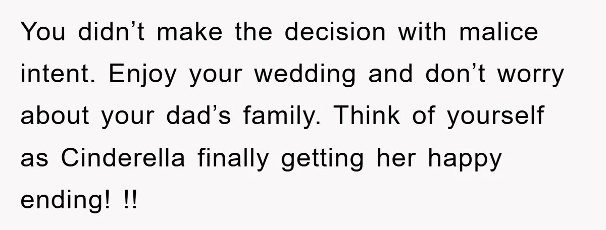 You didn’t make the decision with malice intent. Enjoy your wedding and don’t worry about your dad’s family. Think of yourself as Cinderella finally getting her happy ending! !!