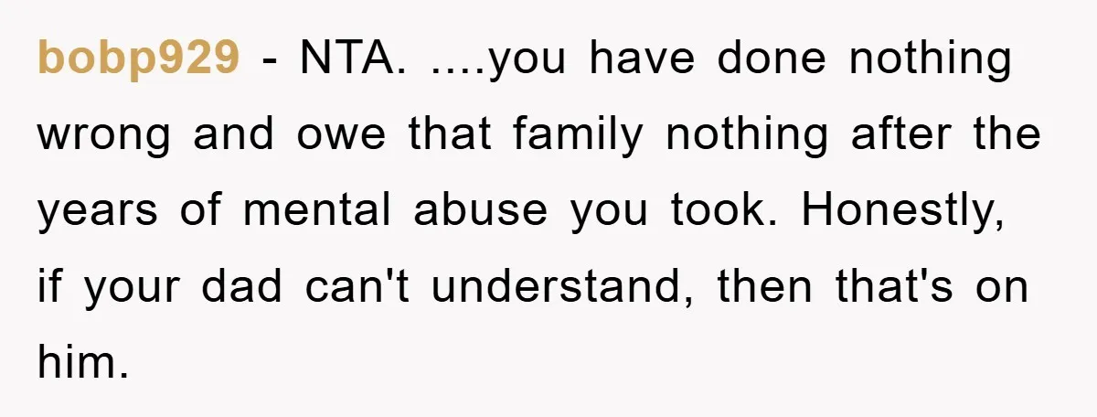 bobp929 − NTA. ....you have done nothing wrong and owe that family nothing after the years of mental abuse you took. Honestly, if your dad can't understand, then that's on...
