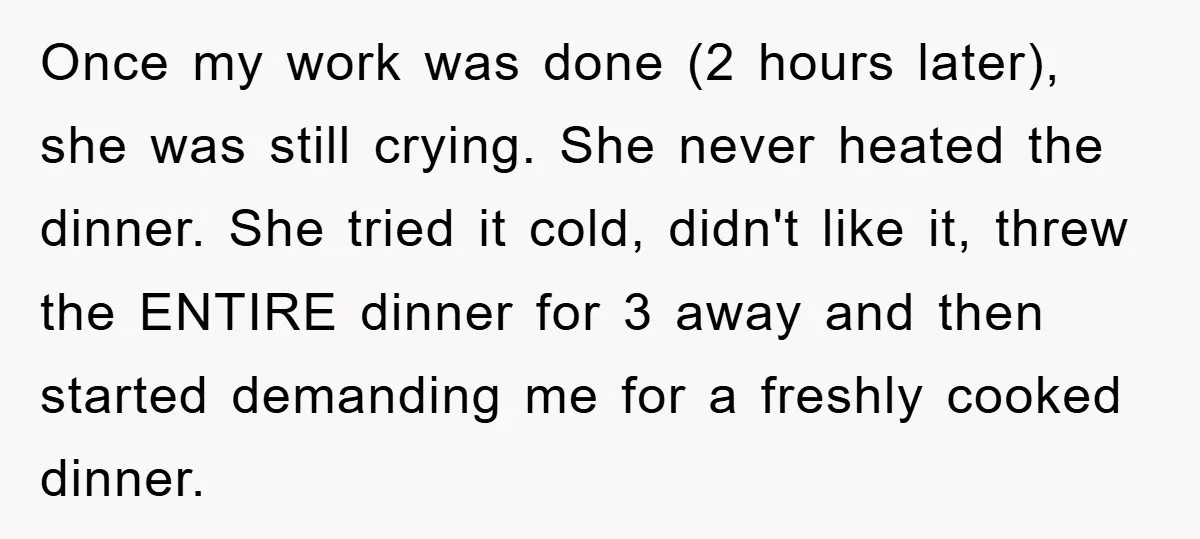 Once my work was done (2 hours later), she was still crying. She never heated the dinner. She tried it cold, didn't like it, threw the ENTIRE dinner for 3...