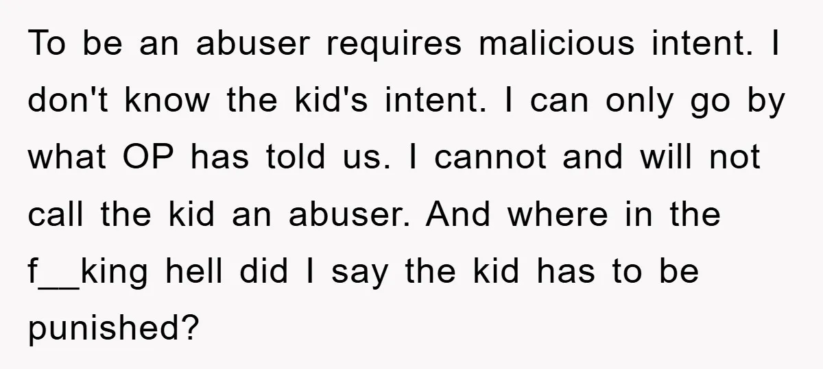 To be an abuser requires malicious intent. I don't know the kid's intent. I can only go by what OP has told us. I cannot and will not call the...