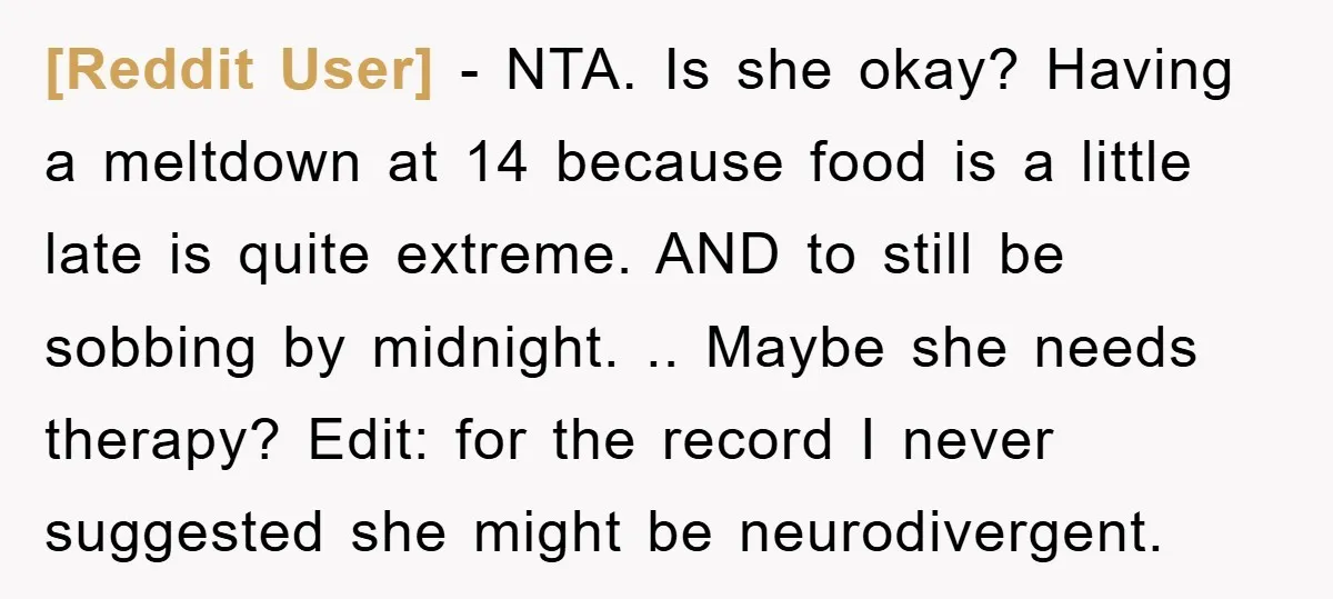 [Reddit User] − NTA. Is she okay? Having a meltdown at 14 because food is a little late is quite extreme. AND to still be sobbing by midnight. .. Maybe...