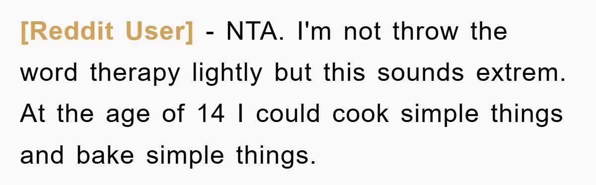 [Reddit User] − NTA. I'm not throw the word therapy lightly but this sounds extrem. At the age of 14 I could cook simple things and bake simple things.