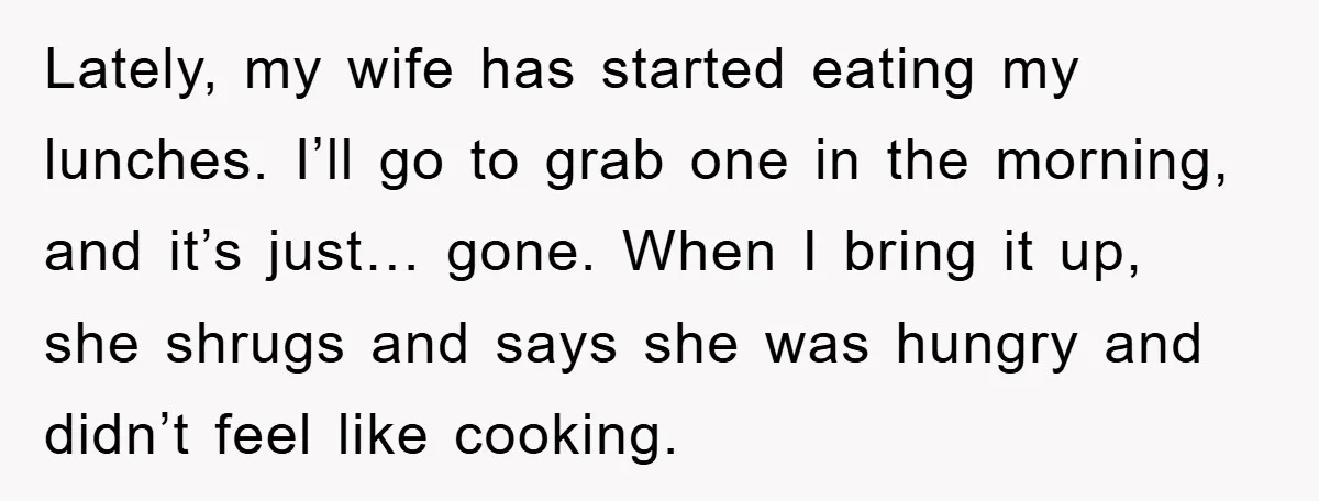 Lately, my wife has started eating my lunches. I’ll go to grab one in the morning, and it’s just… gone. When I bring it up, she shrugs and says she...