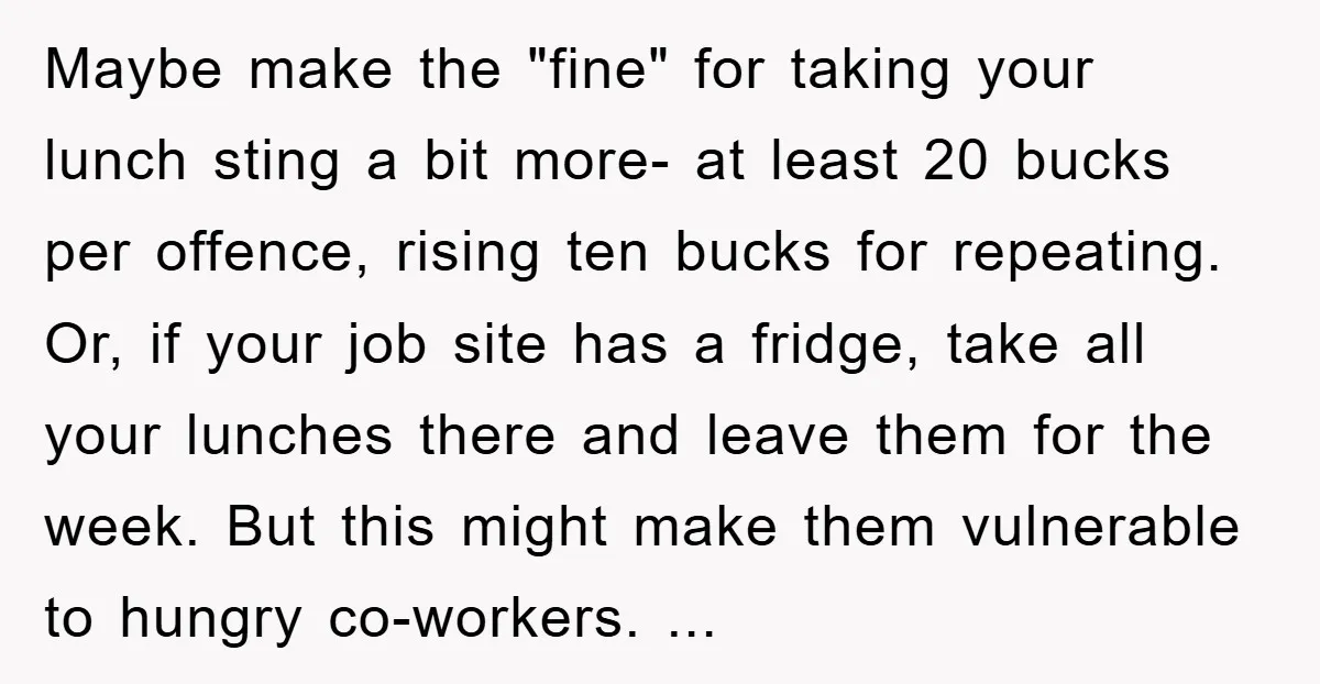 Maybe make the "fine" for taking your lunch sting a bit more- at least 20 bucks per offence, rising ten bucks for repeating. Or, if your job site has a...