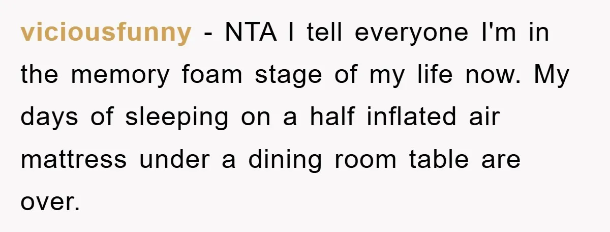 viciousfunny − NTA I tell everyone I'm in the memory foam stage of my life now. My days of sleeping on a half inflated air mattress under a dining room...