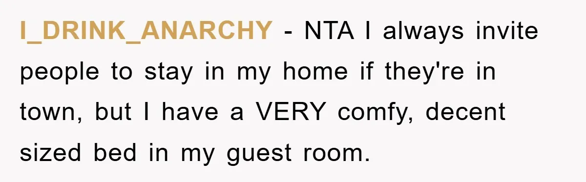 I_DRINK_ANARCHY − NTA I always invite people to stay in my home if they're in town, but I have a VERY comfy, decent sized bed in my guest room.