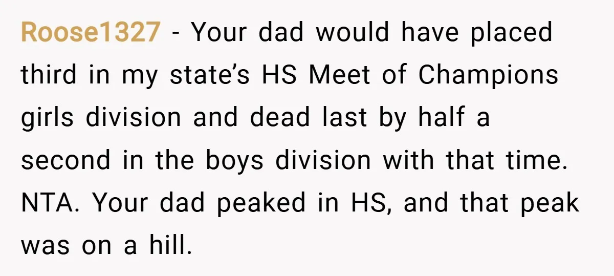 Roose1327 − Your dad would have placed third in my state’s HS Meet of Champions girls division and dead last by half a second in the boys division with that...