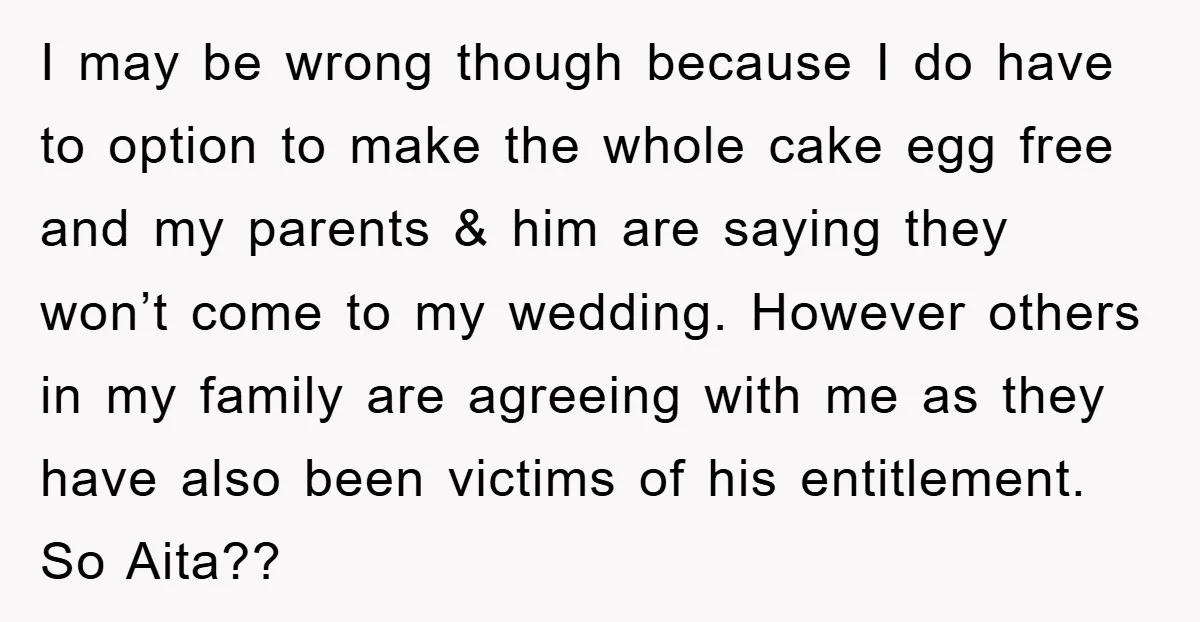 I may be wrong though because I do have to option to make the whole cake egg free and my parents & him are saying they won’t come to my...