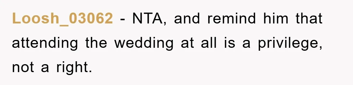 Loosh_03062 − NTA, and remind him that attending the wedding at all is a privilege, not a right.