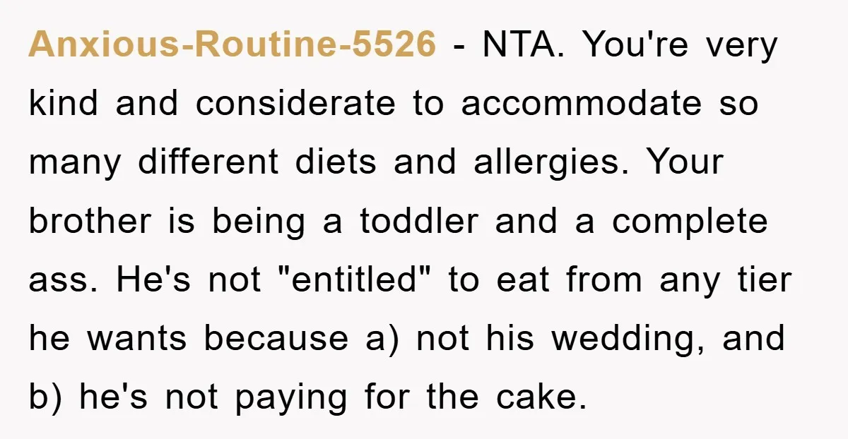 Anxious-Routine-5526 − NTA. You're very kind and considerate to accommodate so many different diets and allergies. Your brother is being a toddler and a complete ass. He's not "entitled" to...