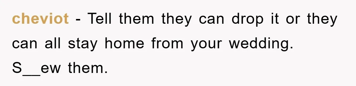 cheviot − Tell them they can drop it or they can all stay home from your wedding. ​ S__ew them.