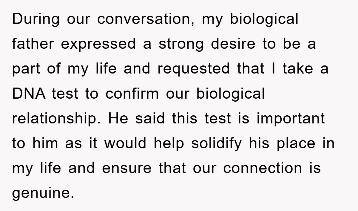 During our conversation, my biological father expressed a strong desire to be a part of my life and requested that I take a DNA test to confirm our biological relationship....