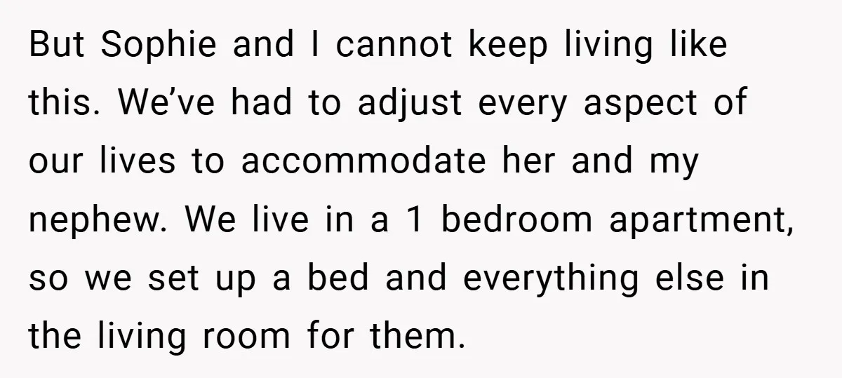 But Sophie and I cannot keep living like this. We’ve had to adjust every aspect of our lives to accommodate her and my nephew. We live in a 1 bedroom...