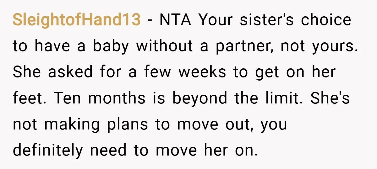 SleightofHand13 − NTA Your sister's choice to have a baby without a partner, not yours. She asked for a few weeks to get on her feet. Ten months is beyond...