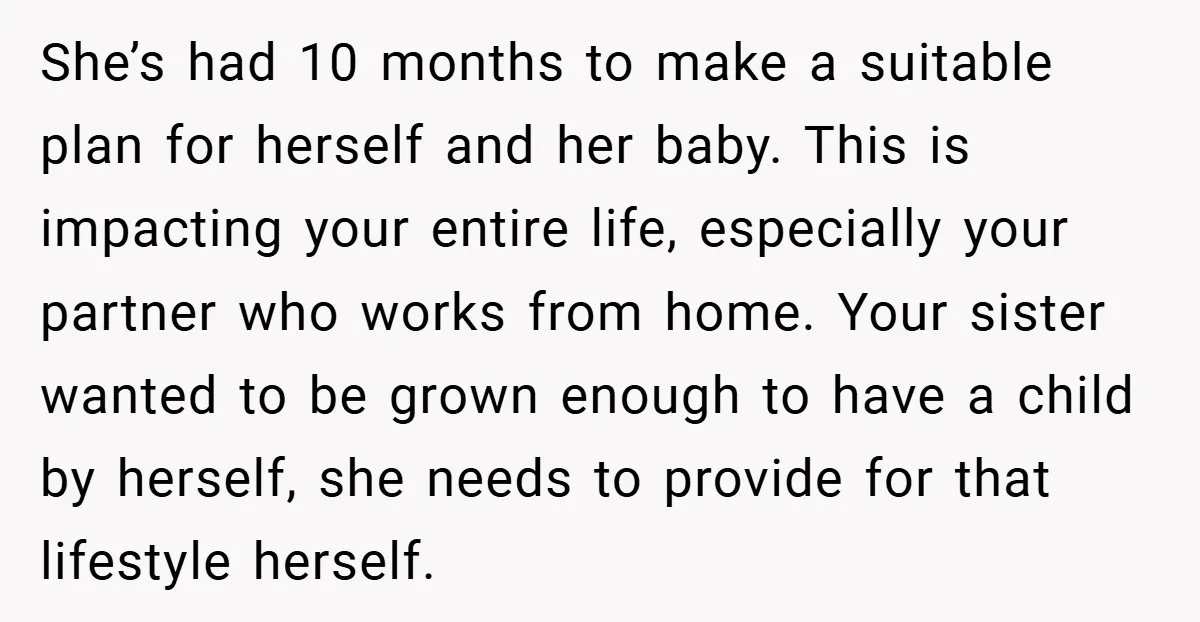 She’s had 10 months to make a suitable plan for herself and her baby. This is impacting your entire life, especially your partner who works from home. Your sister wanted...