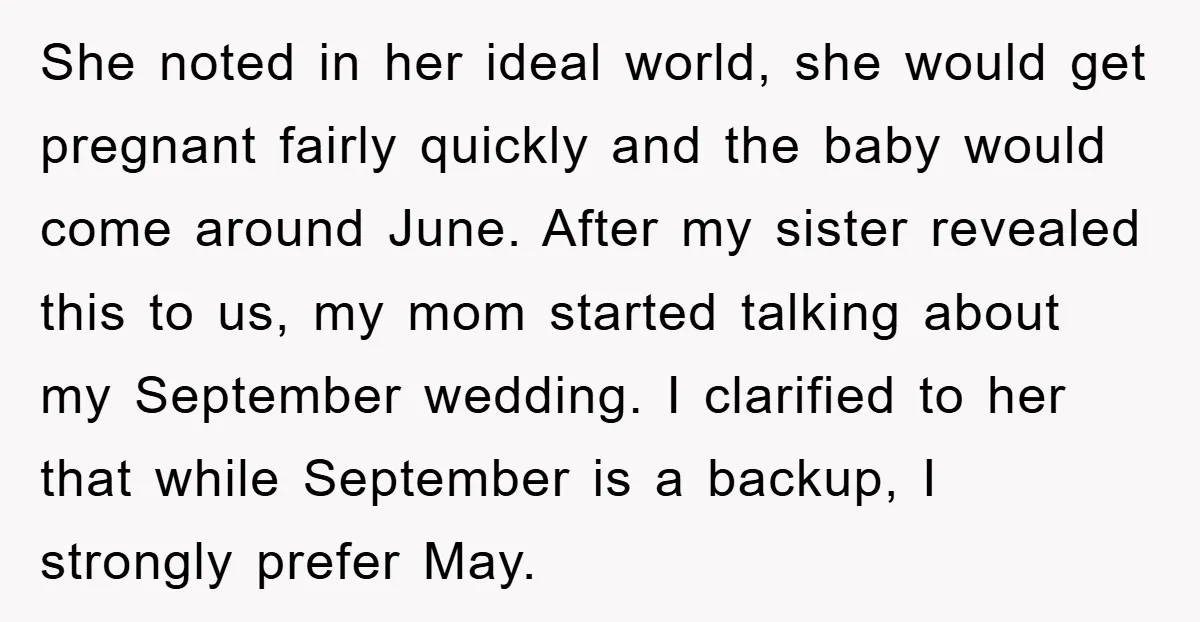 She noted in her ideal world, she would get pregnant fairly quickly and the baby would come around June. After my sister revealed this to us, my mom started talking...