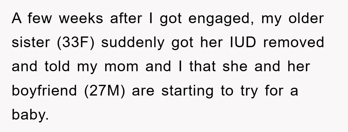 A few weeks after I got engaged, my older sister (33F) suddenly got her IUD removed and told my mom and I that she and her boyfriend (27M) are starting...