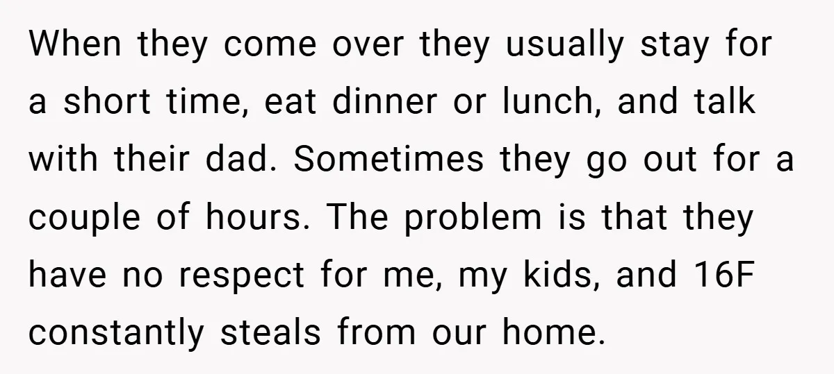 When they come over they usually stay for a short time, eat dinner or lunch, and talk with their dad. Sometimes they go out for a couple of hours. The...