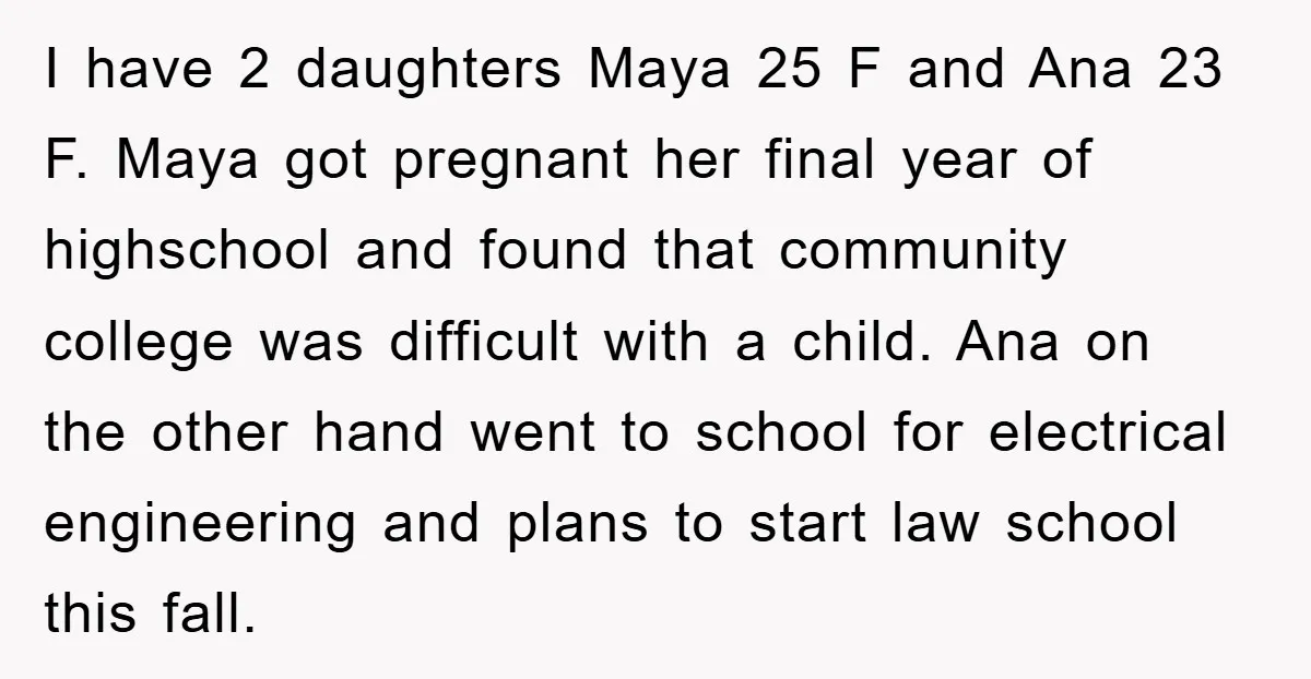 I have 2 daughters Maya 25 F and Ana 23 F. Maya got pregnant her final year of highschool and found that community college was difficult with a child. Ana...