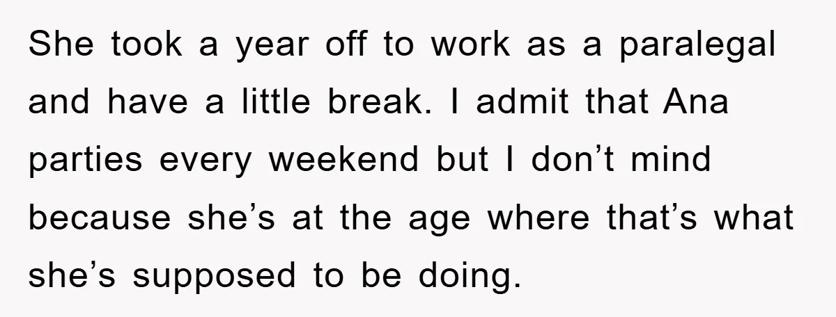 She took a year off to work as a paralegal and have a little break. I admit that Ana parties every weekend but I don’t mind because she’s at the...
