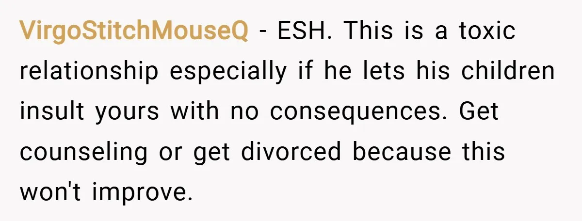 VirgoStitchMouseQ − ESH. This is a toxic relationship especially if he lets his children insult yours with no consequences. Get counseling or get divorced because this won't improve.