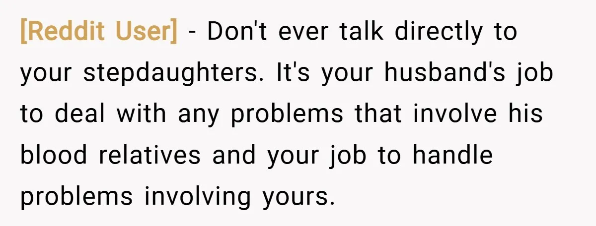 [Reddit User] − Don't ever talk directly to your stepdaughters. It's your husband's job to deal with any problems that involve his blood relatives and your job to handle problems...
