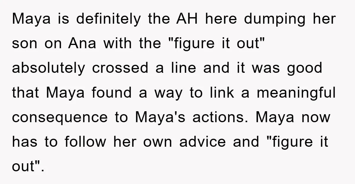Maya is definitely the AH here dumping her son on Ana with the "figure it out" absolutely crossed a line and it was good that Maya found a way to...