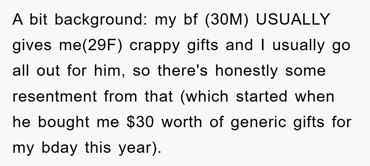 A bit background: my bf (30M) USUALLY gives me(29F) crappy gifts and I usually go all out for him, so there's honestly some resentment from that (which started when he...