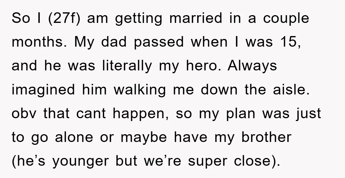 So I (27f) am getting married in a couple months. My dad passed when I was 15, and he was literally my hero. Always imagined him walking me down the...