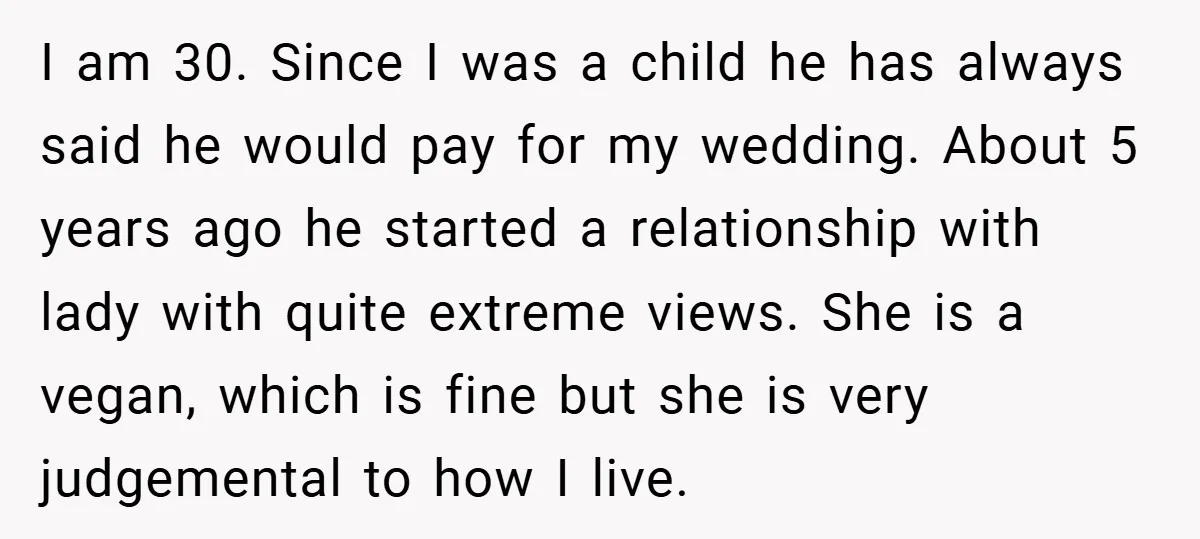 I am 30. Since I was a child he has always said he would pay for my wedding. About 5 years ago he started a relationship with lady with quite...