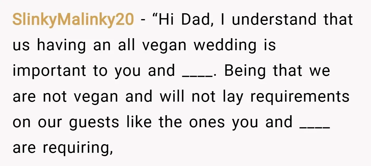 SlinkyMalinky20 − “Hi Dad, I understand that us having an all vegan wedding is important to you and ____. Being that we are not vegan and will not lay requirements...