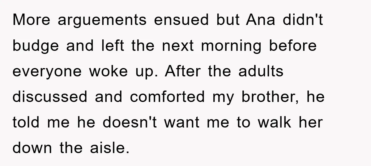 More arguements ensued but Ana didn't budge and left the next morning before everyone woke up. After the adults discussed and comforted my brother, he told me he doesn't want...