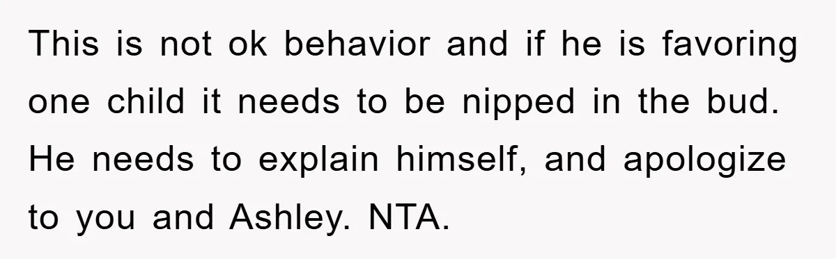 This is not ok behavior and if he is favoring one child it needs to be nipped in the bud. He needs to explain himself, and apologize to you and...