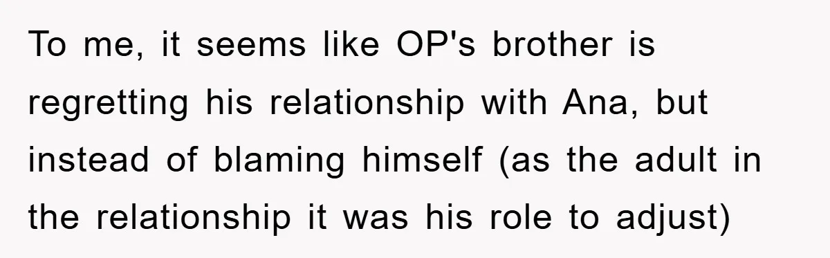 To me, it seems like OP's brother is regretting his relationship with Ana, but instead of blaming himself (as the adult in the relationship it was his role to adjust)