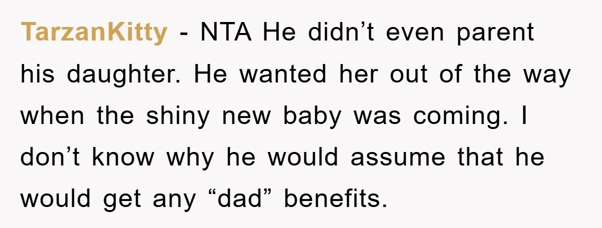 TarzanKitty − NTA He didn’t even parent his daughter. He wanted her out of the way when the shiny new baby was coming. I don’t know why he would assume...