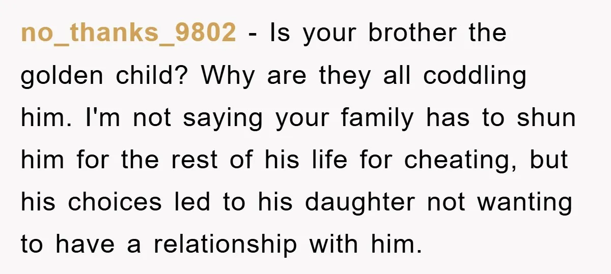 no_thanks_9802 − Is your brother the golden child? Why are they all coddling him. I'm not saying your family has to shun him for the rest of his life for...