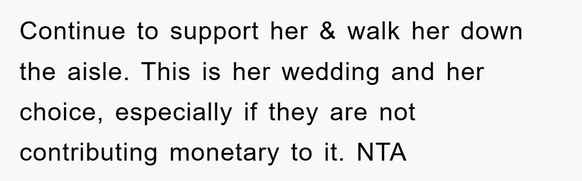 Continue to support her & walk her down the aisle. This is her wedding and her choice, especially if they are not contributing monetary to it. NTA