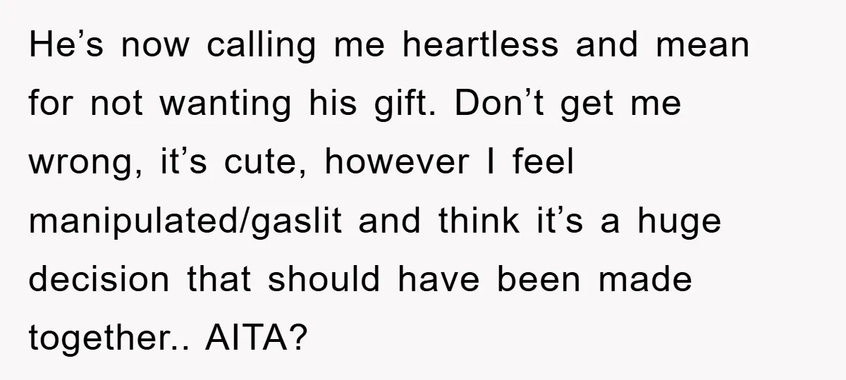 He’s now calling me heartless and mean for not wanting his gift. Don’t get me wrong, it’s cute, however I feel manipulated/gaslit and think it’s a huge decision that should...