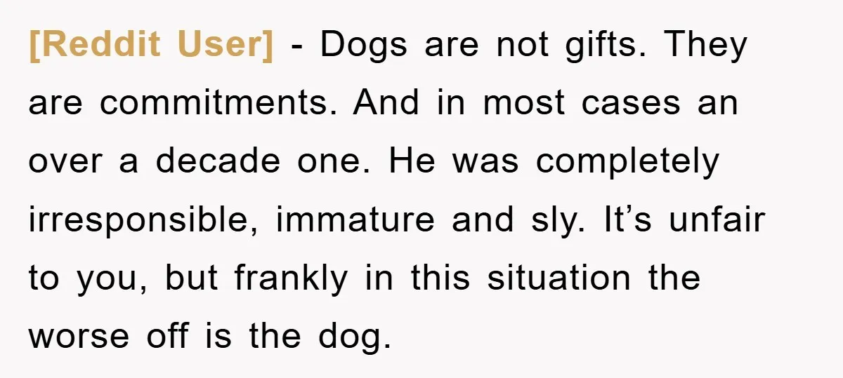 [Reddit User] − Dogs are not gifts. They are commitments. And in most cases an over a decade one. He was completely irresponsible, immature and sly. It’s unfair to you,...