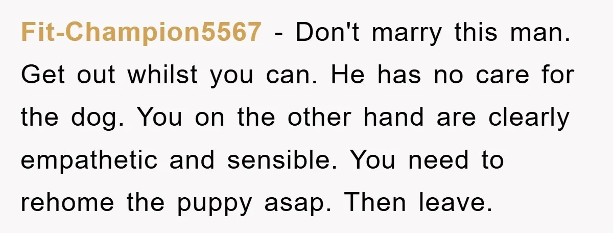 Fit-Champion5567 − Don't marry this man. Get out whilst you can. He has no care for the dog. You on the other hand are clearly empathetic and sensible. You need...